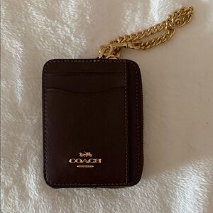Coach Dark Brown Leather Card Holder with Gold Chain